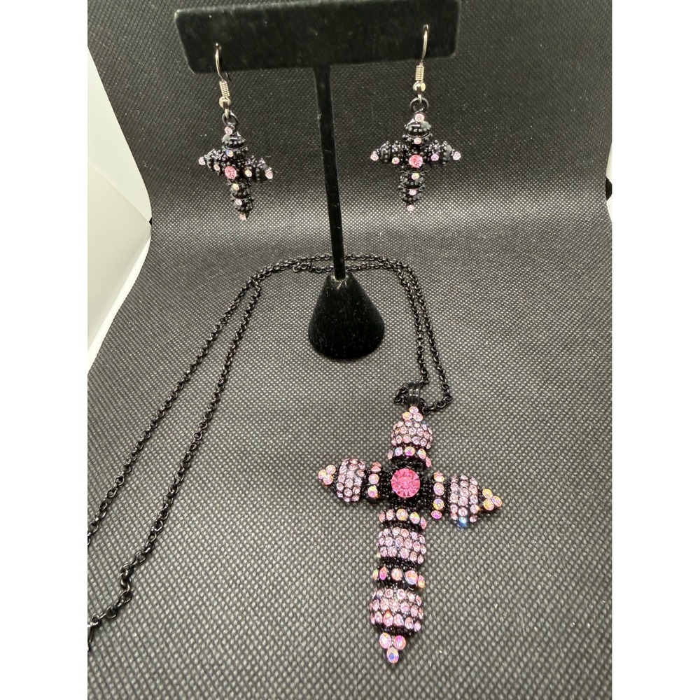 Pink Rhinestone Black Gothic Cross Necklace and Earrings Set Y2K Alt Jewelry
